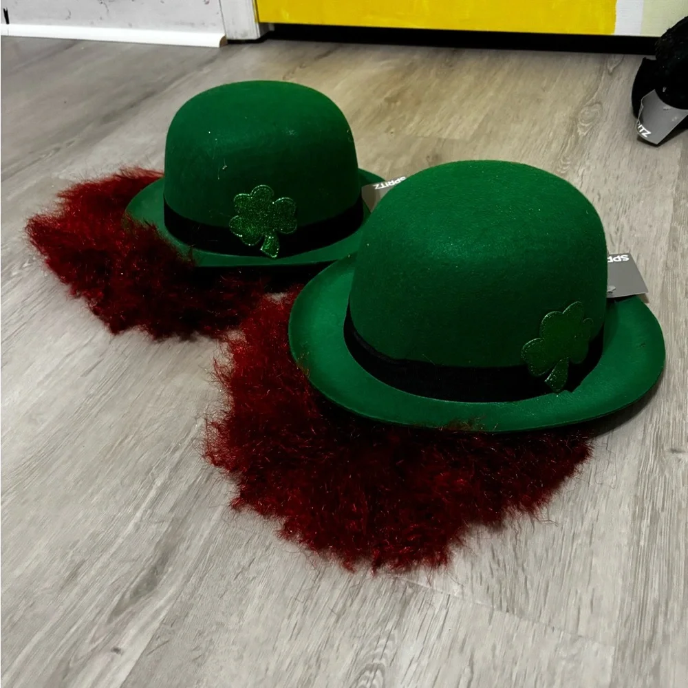 Spritz Green Felt Bowler Hat with Red Faux Hair Beard Attachment NWT bundle of 2